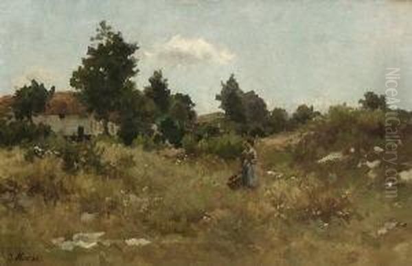 Junge Magd Mit Korb In
 Sommerlicher Landschaft. Oil Painting by Jacob Henricus Maris