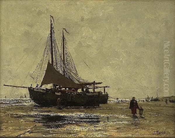 Beached Fishing Vessels Oil Painting by Jacob Henricus Maris