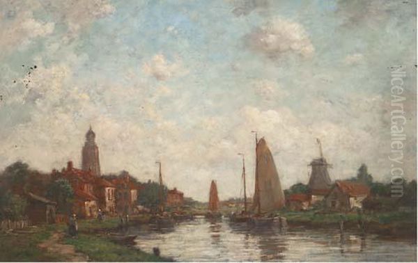 Barges On A River At A Dutch Settlement Oil Painting by Jacob Henricus Maris