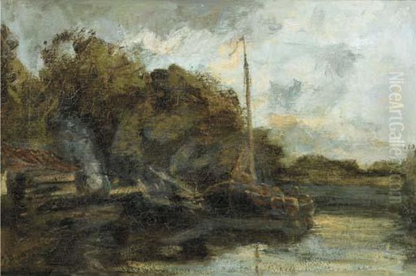 Moored Sailing Barges Along A Canal Oil Painting by Jacob Henricus Maris