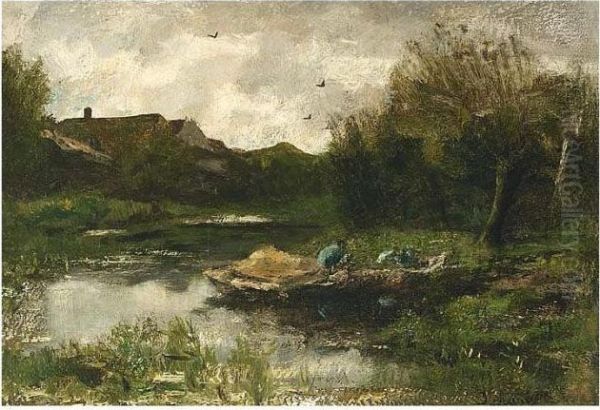 A Landscape With A Farmer In A Barge Oil Painting by Jacob Henricus Maris