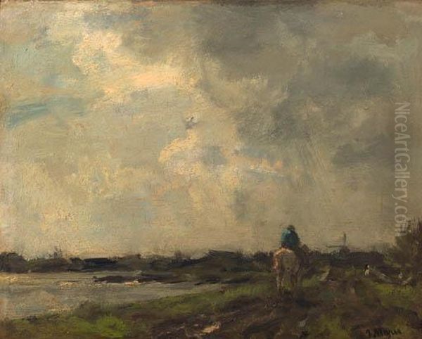 Langs De Rivier: A Peasant On Horse-back Along A River Oil Painting by Jacob Henricus Maris