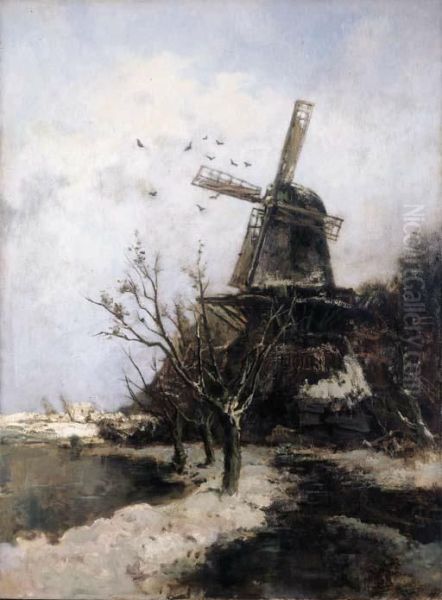 Jour Neigeux: A Windmill In The Snow Oil Painting by Jacob Henricus Maris