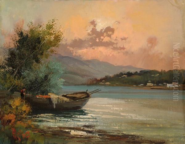 Paesaggio Lacustre Con Barca E Pescatore Oil Painting by Henry Marko