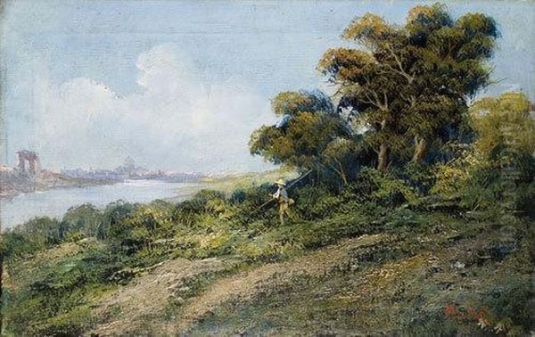 Viandante Sulla Riva Del Fiume Nei Pressi Di Roma Oil Painting by Henry Marko