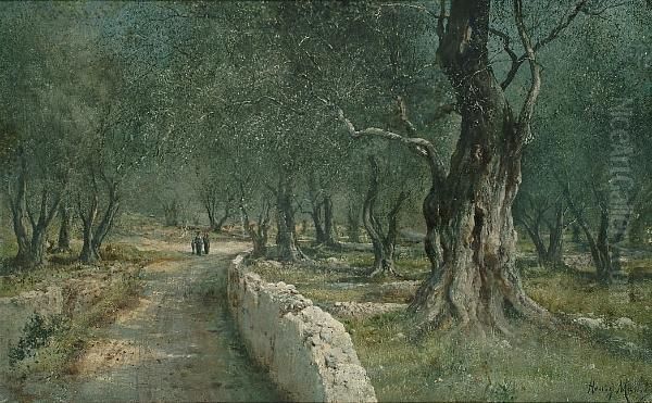 Figures In An Olive Grove Oil Painting by Henry Marko