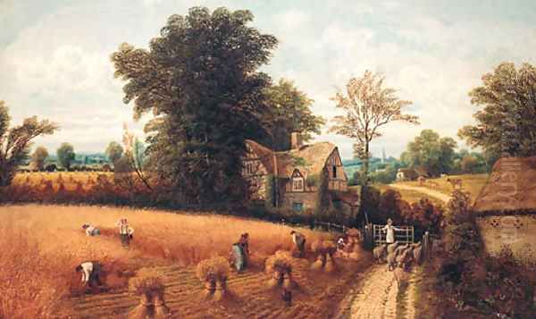 Countryfolk harvesting, near Reading Oil Painting by Charles Henry Passey