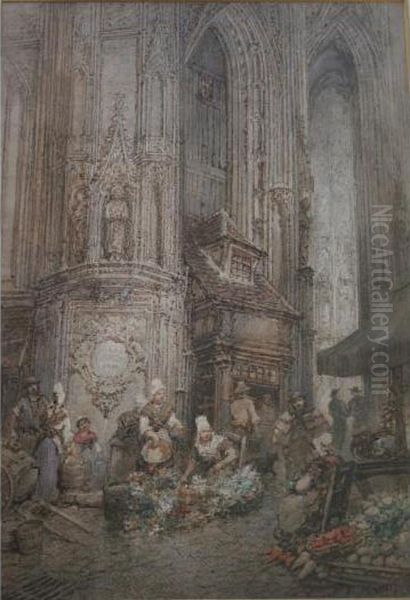 Fruit And Flower Sellers In A Cathedral Oil Painting by Paul Marny