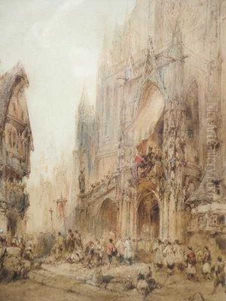 Procession Before A French Cathedral Oil Painting by Paul Marny