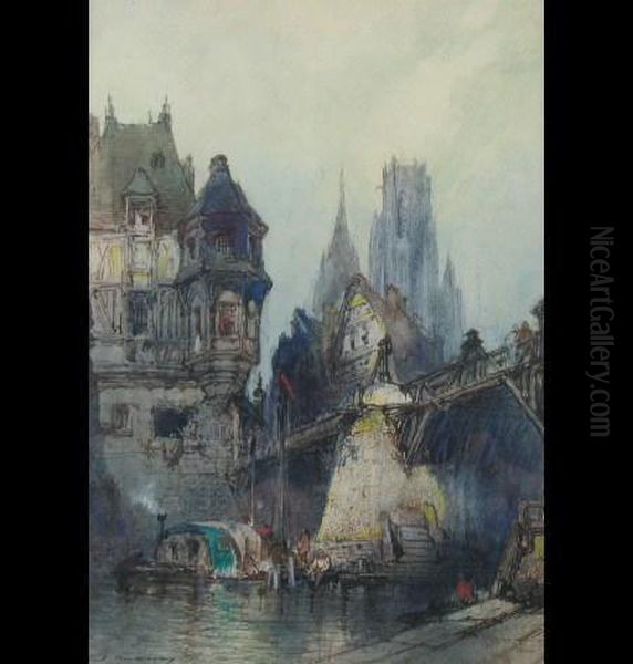 Continental Townscape With River Oil Painting by Paul Marny