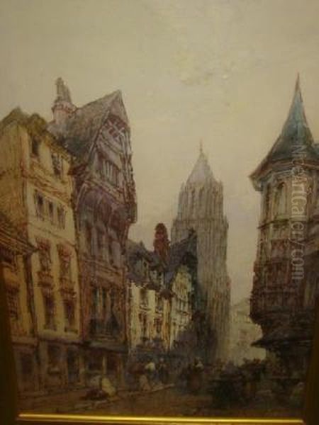 Figures In A Continental Street Oil Painting by Paul Marny