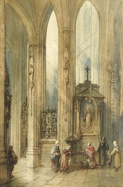 Fecamp Abbey, France,interior With Figures Oil Painting by Paul Marny