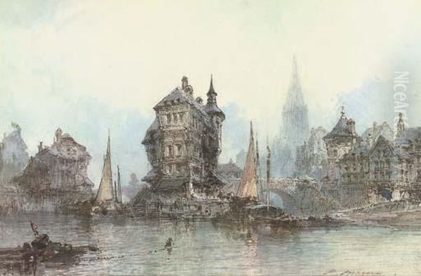 River Craft Drying Their Sails Before A Cathedral (illustrated); And A French Town Oil Painting by Paul Marny