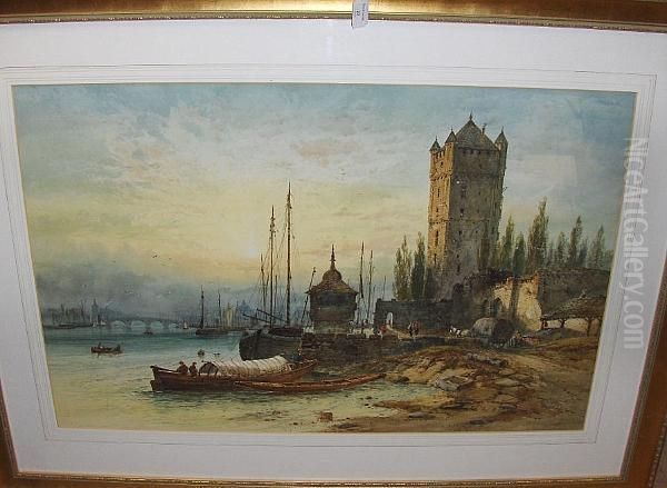 Capriccio River Landscape, With 
Arch Bridge, Shipping And A Medieval Tower In The Foreground Oil Painting by Paul Marny