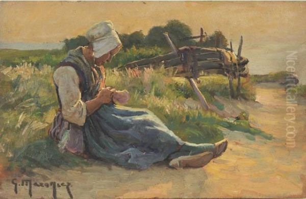 Bretonne Cousant Oil Painting by Georges Philibert Charles Marionez