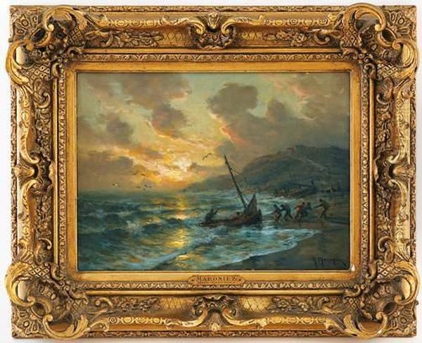 Pecheurs Aucrepuscule Oil Painting by Georges Philibert Charles Marionez