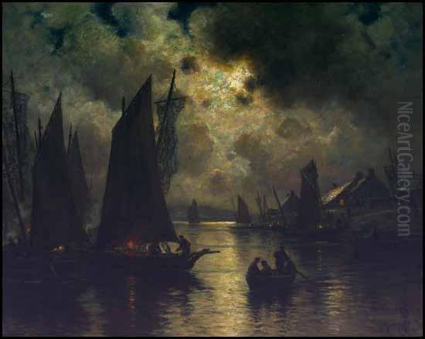 Fishing Boats At Night Oil Painting by Georges Philibert Charles Marionez