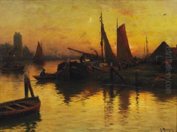 Le Retour Des Pecheurs Au Soleil Couchant Oil Painting by Georges Philibert Charles Marionez