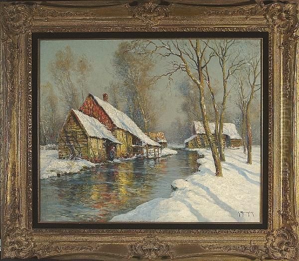 A Winter Landscape With A River And Cabins Oil Painting by Georges Philibert Charles Marionez