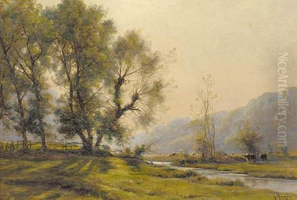 Cattle Grazing In A River Landscape Oil Painting by Georges Philibert Charles Marionez