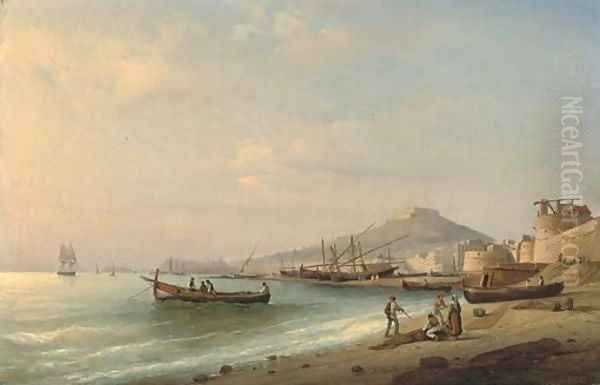 Fisherfolk at the shore, Naples beyond Oil Painting by Ferdinand Victor Perrot