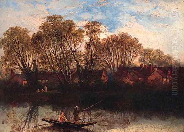 Fishing on a tranquil River Oil Painting by William Pitt