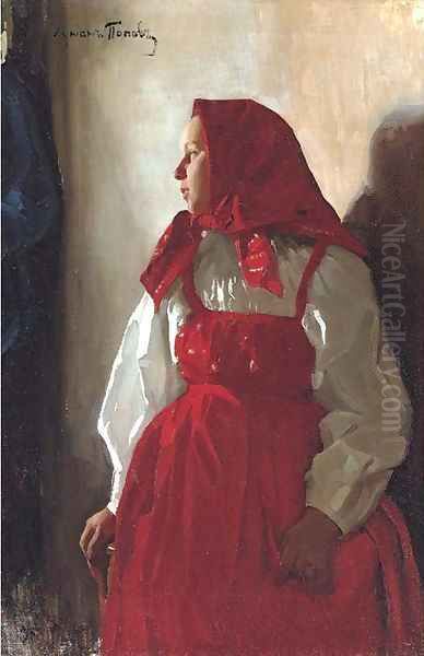 Young girl in a red sarafan Oil Painting by Lukjan Vasilievich Popov