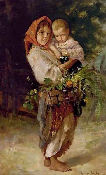 Peasant Girl with Child and Basket Oil Painting by Lukjan Vasilievich Popov