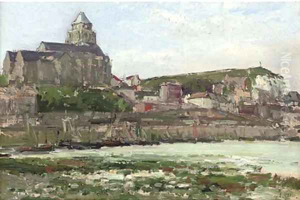 The fishing port of Les Treport at the mouth of the Bresle with the Terrace Calvary and the Church of St Jacques Oil Painting by Pierre Jacques Pelletier