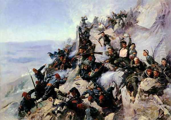 The Defence of the Eagle Aerie on the Shipka in 1877, 1893 Oil Painting by Andrei Nikolaevich Popov