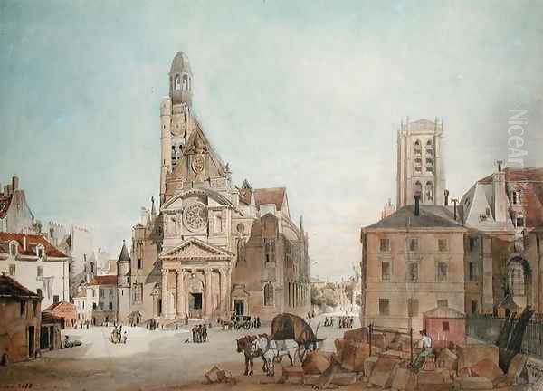 Facade of the Church of St. Etienne du Mont, Paris, 1837 Oil Painting by Pierre Achille Poirot