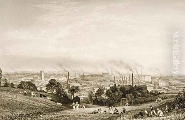 General View of Stockport, Lancashire showing cotton mills, published by J.C. Varrall fl.1815-27 1830s Oil Painting by George Pickering