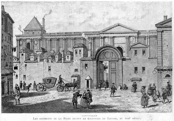 The Paris Post Office in front of the colonnade of the Louvre in the 17th century Oil Painting by Julien Antoine Peulot