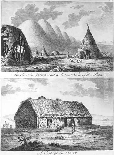 Sheelins in Jura and a distant view of the Paps and A Cottage of Islay, from A Tour in Scotland, and voyage to the Hebrides 1772 Oil Painting by Thomas Pennant