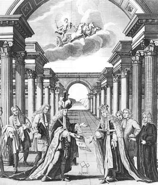 The constitutions of freemasonry by James Anderson, frontispiece, published by John Senex and John Hook, London, 1723 Oil Painting by John Pine