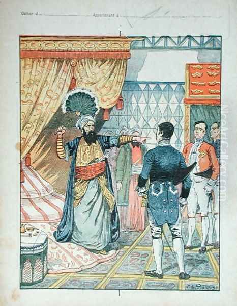 The Dey of Algiers, Hussein ibn El Hussein strikes the French ambassador, M. Deval with a fan, 27th April 1827, cover of a school textbook, 1891 Oil Painting by V.A. Poirson