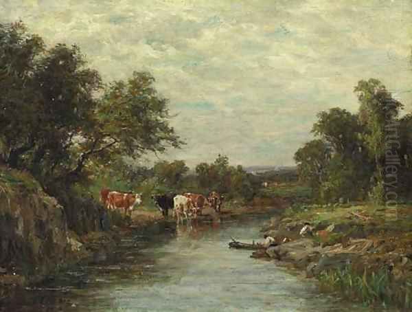 Cows Watering by Figures in a Canoe Oil Painting by Charles Franklin Pierce