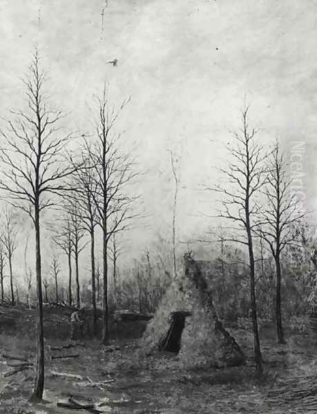 Woodcutters hut in a clearing, 1882 Oil Painting by Ernest Peulot