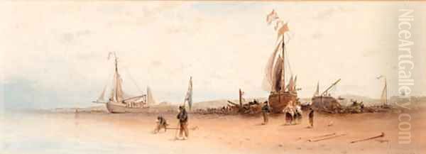 Beached fishing vessels in a coastal landscape Oil Painting by Robert Pritchett