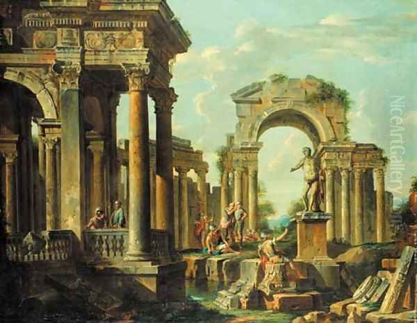 A capriccio of classical ruins with soldiers and other figures conversing Oil Painting by Giovanni Paolo Panini