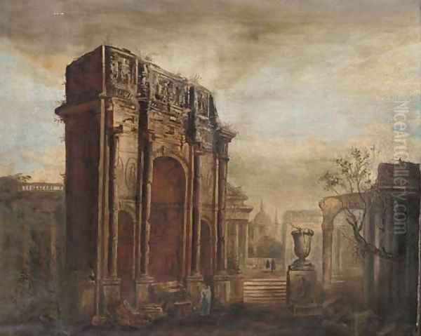 A capriccio of the Roman Forum Oil Painting by Giovanni Paolo Panini