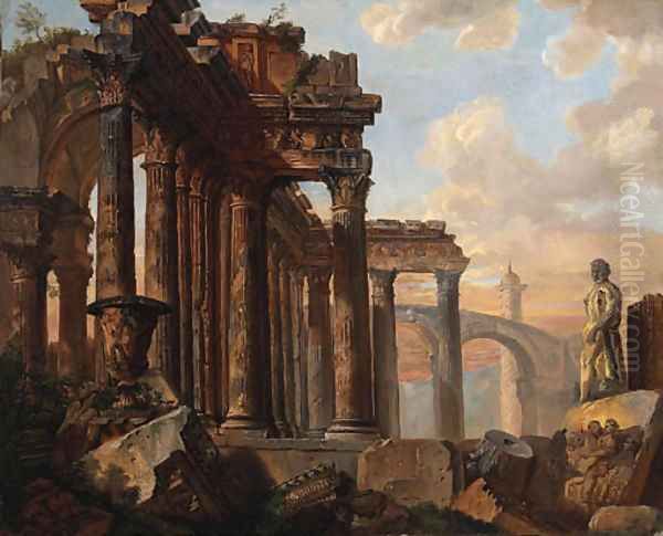 A capriccio of classical ruins with the Farnese Hercules Oil Painting by Giovanni Paolo Panini