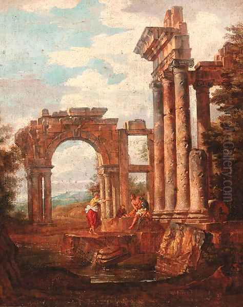 Capricci of Roman ruins with soldiers and travellers resting Oil Painting by Giovanni Paolo Panini