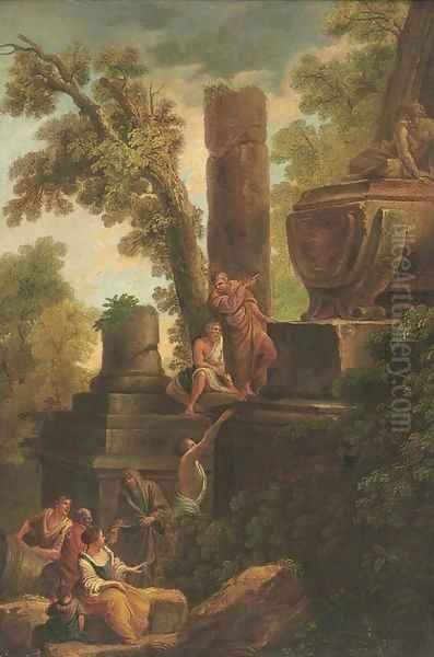 A capriccio of a tomb with onlookers Oil Painting by Giovanni Paolo Panini