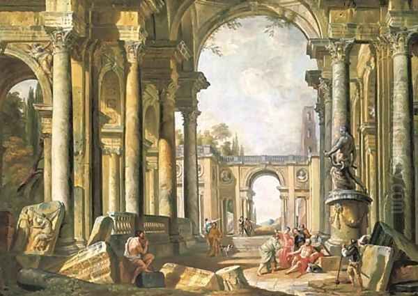 A capriccio of classical ruins with Belisarius begging at the entrance to Constantinople Oil Painting by Giovanni Paolo Panini