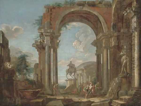 A capriccio of classical ruins with soldiers and other figures conversing by the equestrian statue of Marcus Aurelius Oil Painting by Giovanni Paolo Panini