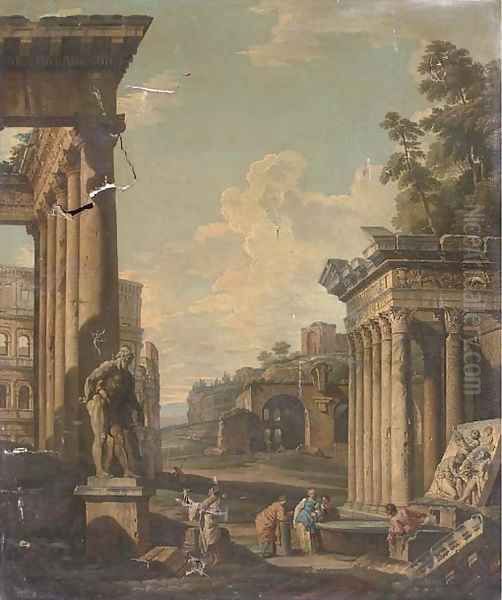 A capriccio of classical architecture with figures by a fountain Oil Painting by Giovanni Paolo Panini