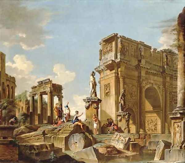 A capriccio of classical ruins with the Arch of Constantine and figures conversing Oil Painting by Giovanni Paolo Panini