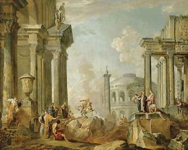 Marcus Curtius riding into the chasm of fire Oil Painting by Giovanni Paolo Panini