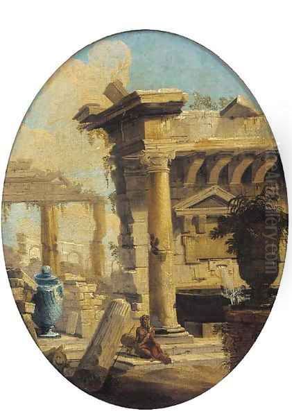 A capriccio of classical ruins with a figure in the foreground Oil Painting by Giovanni Paolo Panini